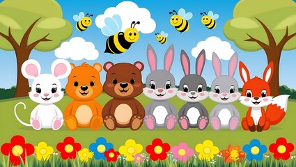 Naklejka premium Colorful cartoon animals sitting in a vibrant meadow with flowers and trees, perfect for children's illustrations, posters, or greeting cards. Ideal for cheerful designs.