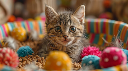 In a playful setting, various cat toys like bells, ropes, and colorful balls are scattered around. A curious kitten eagerly approaches a bowl, its eyes wide with excitement