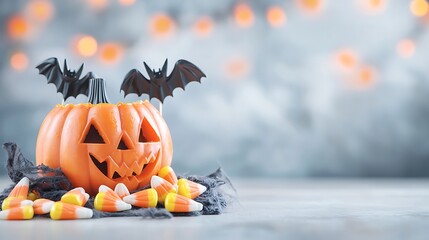 Adorable Halloween-themed poster with a collection of candy corn and bats, soft lighting, plenty of room for text, professional photography for advertising
