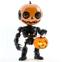 A robot holding a pumpkin-shaped lantern, Halloween theme, cute and spooky, isolated on white background
