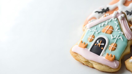 Cute Halloween poster featuring a decorated haunted house cookie with pastel icing, sharp focus, perfect for professional advertising with space for copy