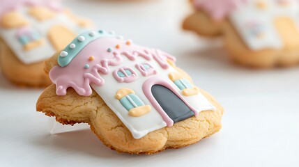 Cute Halloween poster featuring a decorated haunted house cookie with pastel icing, sharp focus, perfect for professional advertising with space for copy