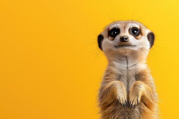 A cute little animal with big eyes stands on a yellow background