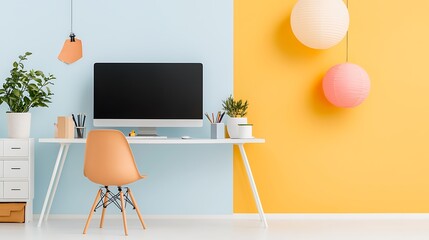 Remote work setup with a large monitor, ergonomic chair, and motivational decor, vibrant background, perfect for advertising copy space