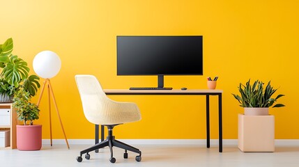 Remote work setup with a large monitor, ergonomic chair, and motivational decor, vibrant background, perfect for advertising copy space