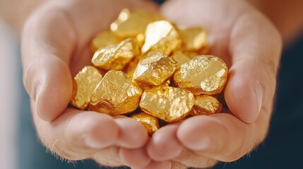 Gleaming Gold Nuggets in Hand - Close Up