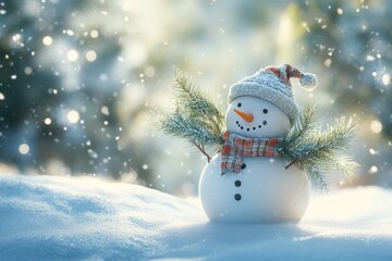 Fototapeta premium Snowman in a winter wonderland festive scene with evergreen branches and gentle snowfall