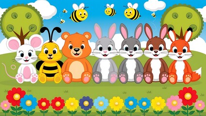 Fototapeta premium Cartoon animals sitting in a meadow filled with colorful flowers and trees, ideal for children's books, posters, or cards. Suitable for joyful and fun designs.