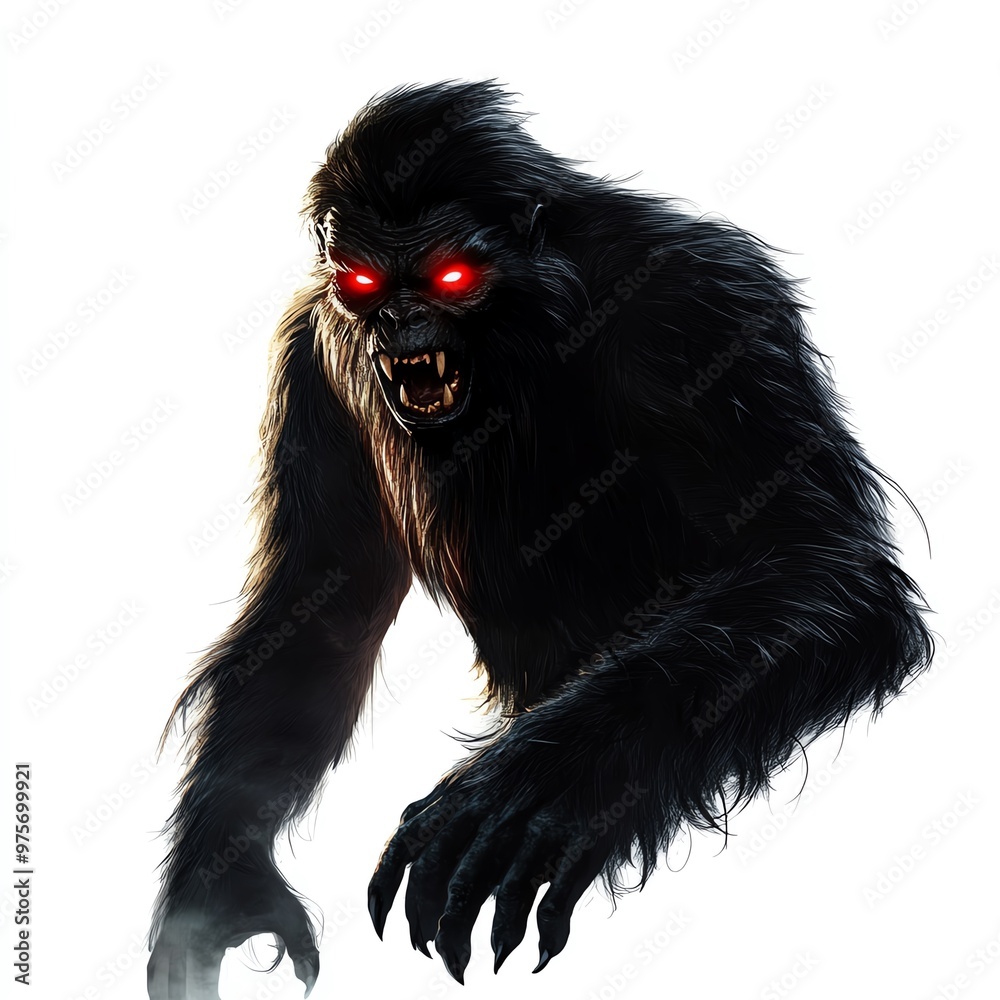 Wall mural a vampire bigfoot with glowing red eyes, halloween theme, dark and mysterious, isolated on white bac