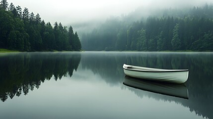 101. A lone white boat on a still lake