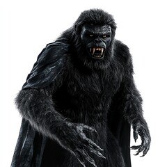 Fototapeta premium A Bigfoot with a vampire cape, Halloween theme, sharp fangs, dark tones, isolated on white background