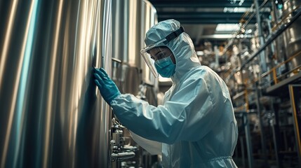 A factory employee in protective gear inspecting heavy machinery in an industrial setting