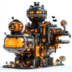 Fototapeta premium A futuristic space station decorated for Halloween, glowing orange lights, isolated on white background