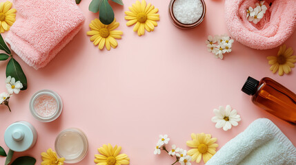  Set of baby toiletries, child organic hygiene and bath accessories, shower gel, shampoo, essential oil, towel on pink pastel background.