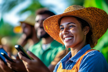 Diverse group of farmers using smartphones outdoors
