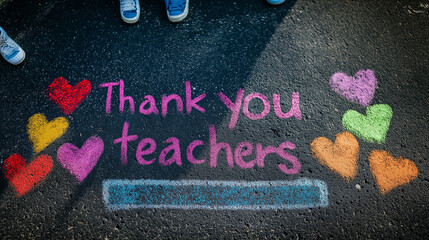 the text Thank you teachers is written in chalk on the asphalt with rainbow hearts