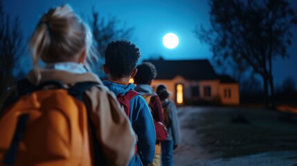 Children walking home under the full moonlight