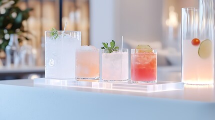 A modern mocktail bar with transparent mixing stations and glowing non-alcoholic drinks, serving sophistication