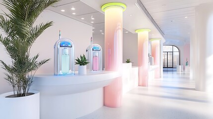 A high-tech hydration bar with robotic drink dispensers and neon-infused electrolytes, promoting recovery