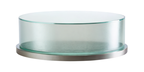Frosted glass pedestal with a polished metal base, ideal for displaying products or artwork. Smooth cylindrical design enhances contemporary spaces. Isolated on transparent background, png.