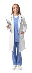 Doctor with stethoscope and clipboard on white background