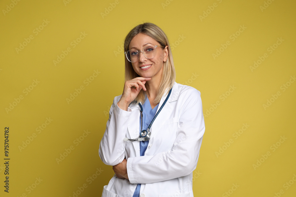 Canvas Prints Portrait of doctor in medical uniform with stethoscope on yellow background