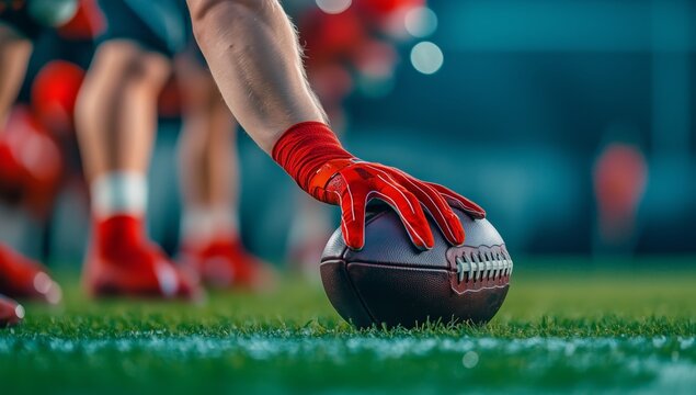 close-up of football players' hands and feet during the line of scrimmage, ready for action on an American football field