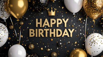 happy birthday eve invitation card with realistic golden balloons and hat