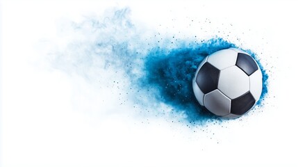 Fototapeta premium a football in motion with a vivid dust trail behind it, isolated against a clean white background