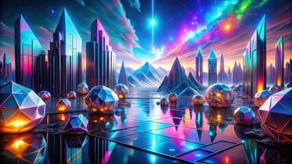 Futuristic Cityscape with Neon Lights and Geometric Shapes