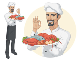 A Male Chef Carries a Plate of Seafood