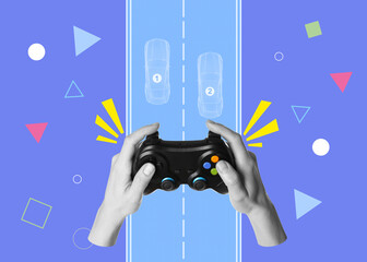 Woman's hands with gamepad playing racing game. Creative collage © New Africa