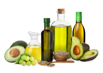 Vegetable fats. Set of different oils and ingredients isolated on white