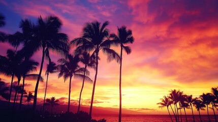 Sunset on tropical beach with silhouetted palm trees, vibrant sky. Tranquil vacation and serene landscape concept