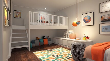 A contemporary kid's bedroom with a loft bed, playful decorations, and a cozy reading nook, creating a fun and functional space.