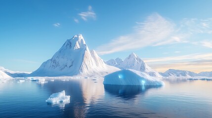 A futuristic polar region with glowing icebergs and holographic wildlife, highlighting the Arctic is beauty