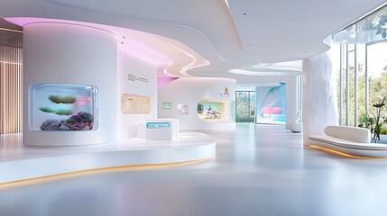 A sleek environmental research station with interactive digital labs and neon-infused study areas, advancing conservation