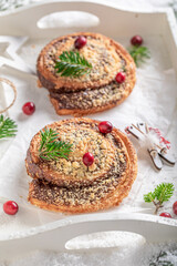 Sweet and tasty cinnamon yeast as christmas dessert.