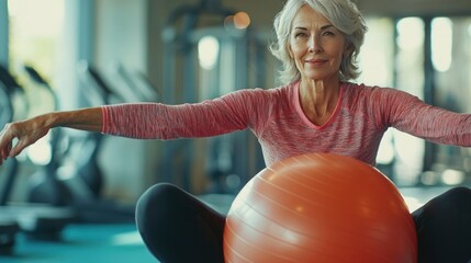 A woman engages in gentle stability ball exercises in a well-lit gym, focusing on her balance and core strength in the morning hours.