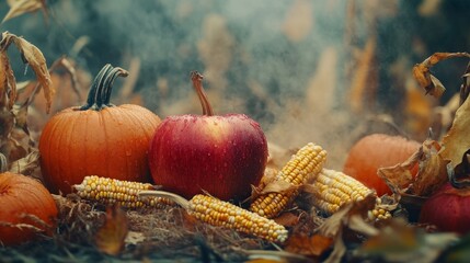 Good decorations for fall and autumn banners . Apple corn and pumpkins and beautiful atmospheric conceptual for Halloween or business advertising