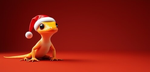 Christmas funny orange lizard newt with Santa Claus hat, christmas red background with space for text