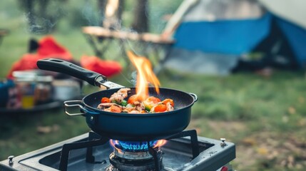 A portable LPG gas stove being used for outdoor camping, with food cooking over a flame