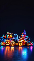 Fototapeta premium Neon Halloween greeting card with glowing 3D pumpkins, ghosts, skeletons, dark background. Copy space. Generative AI