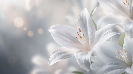 Delicate white lilies bloom softly against a gentle blurred background in a serene setting