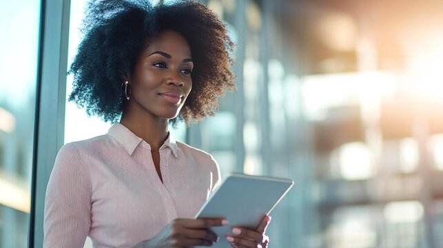 A close-up of a businesswoman holding a tablet in an open-plan office with a focused, professional expression