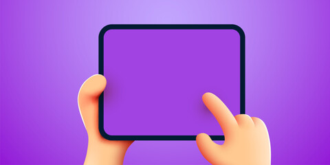 3d Hand holding ipad or tablet pc. Ipad mockup. Editable template. Touching screen with finger.