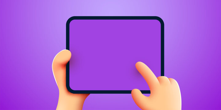 3d Hand holding ipad or tablet pc. Ipad mockup. Editable template. Touching screen with finger.