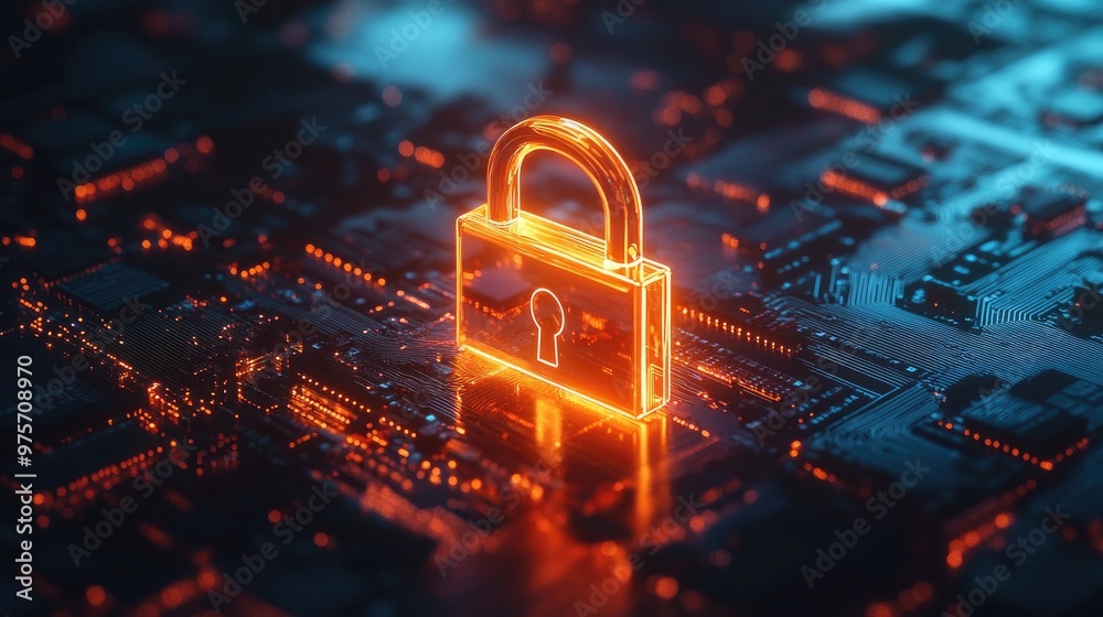 Poster a glowing padlock representing cybersecurity and data encryption on a high-tech digital background, 