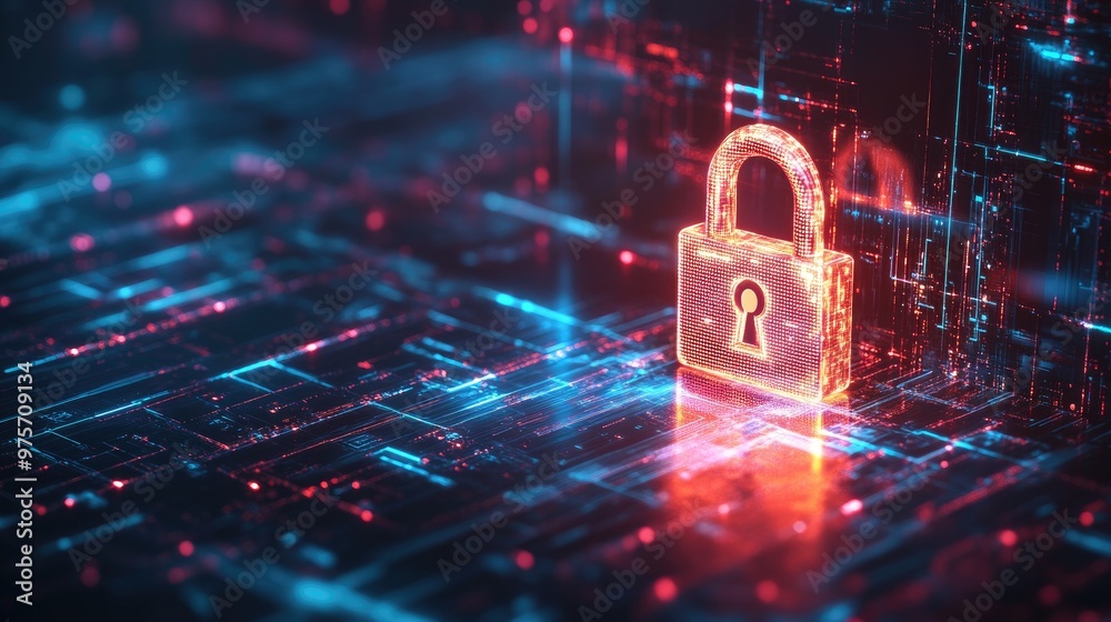 Poster a glowing padlock representing cybersecurity and data encryption on a high-tech digital background, 