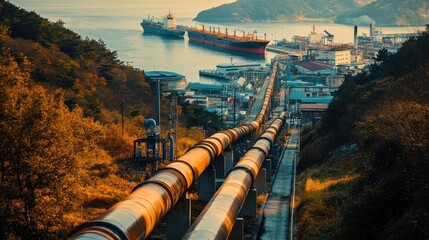 An LPG gas pipeline entering a coastal city, with ships in the background